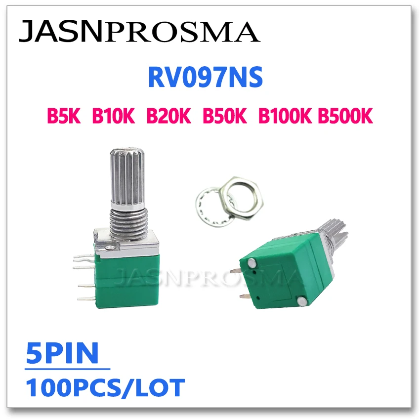 

JASNPROSMA RV097NS 100PCS B5K B10K B20K B50K B100K B500K 5PIN 5K 10K 20K 50K 100K potentiometer with a switch 15mm Single audio