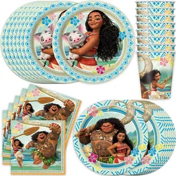 Vajilla desechable con temática Moana para fiesta de cumpleaños de niños y niñas, taza, plato, bandera, suministros de decoración para fiesta de boda