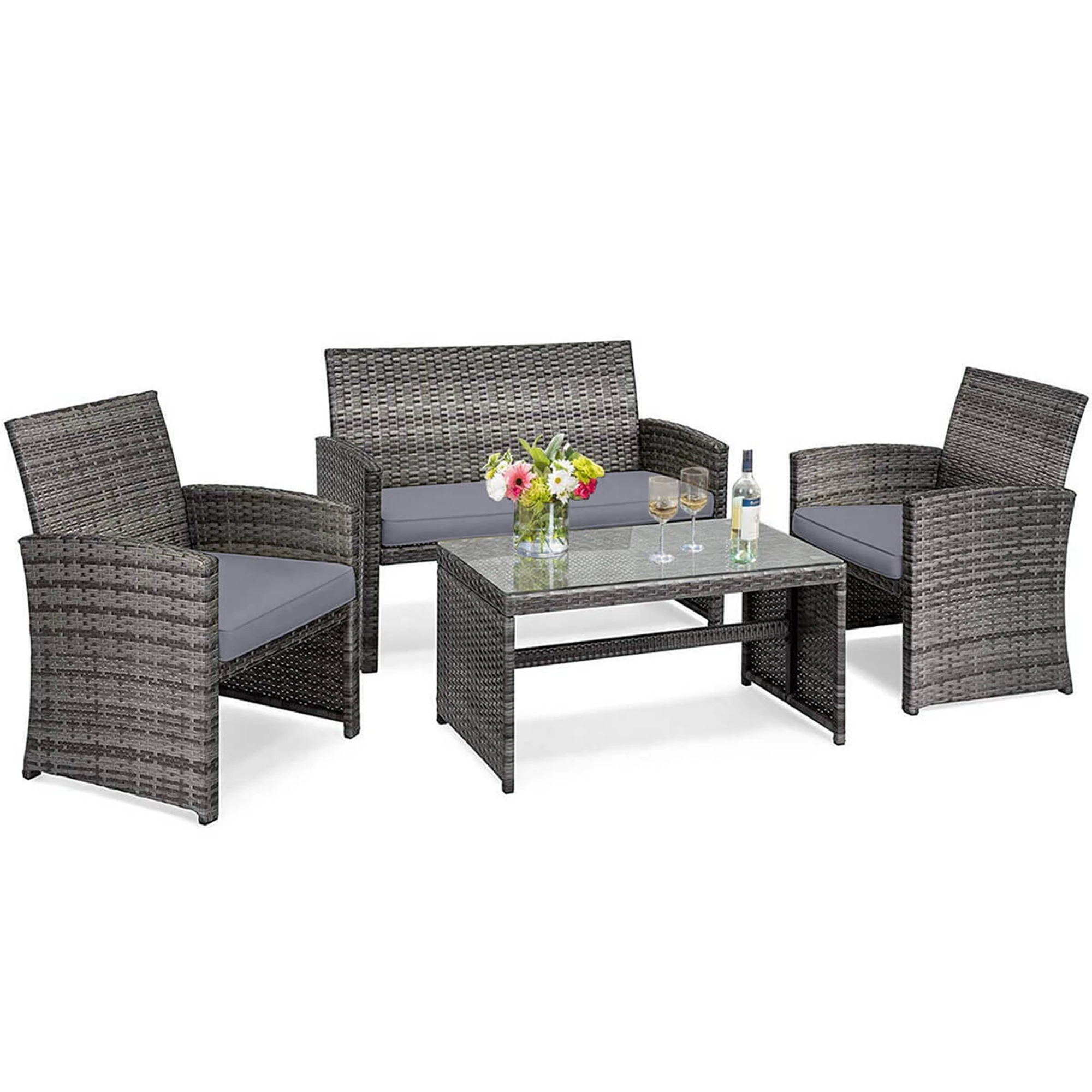 4 PCS Patio Rattan Furniture Set Conversation Glass Table Top Cushioned Sofa Grey