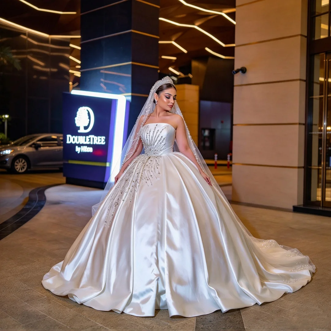 Strapless Satin Ball Gown Wedding Dress Luxury Radiant Beaded Bridal Gown Lace Up Back Custom Plus Size Wedding Gown With Train