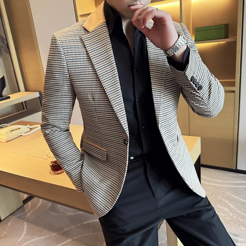 Luxury and Fashionable Men\'s Suit Jacket Blazer Business Slim Fit Lapel Plaid Dress Suit Wedding Groom Tailcoat Suit Jacket4XL-M