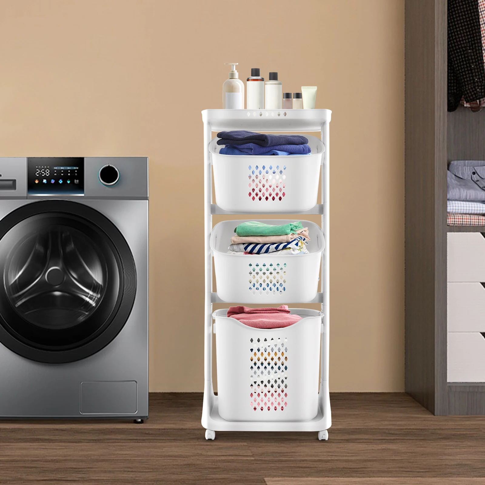 

Dirty Clothes Basket with Wheels, White, Laundry Hamper Cart for Household