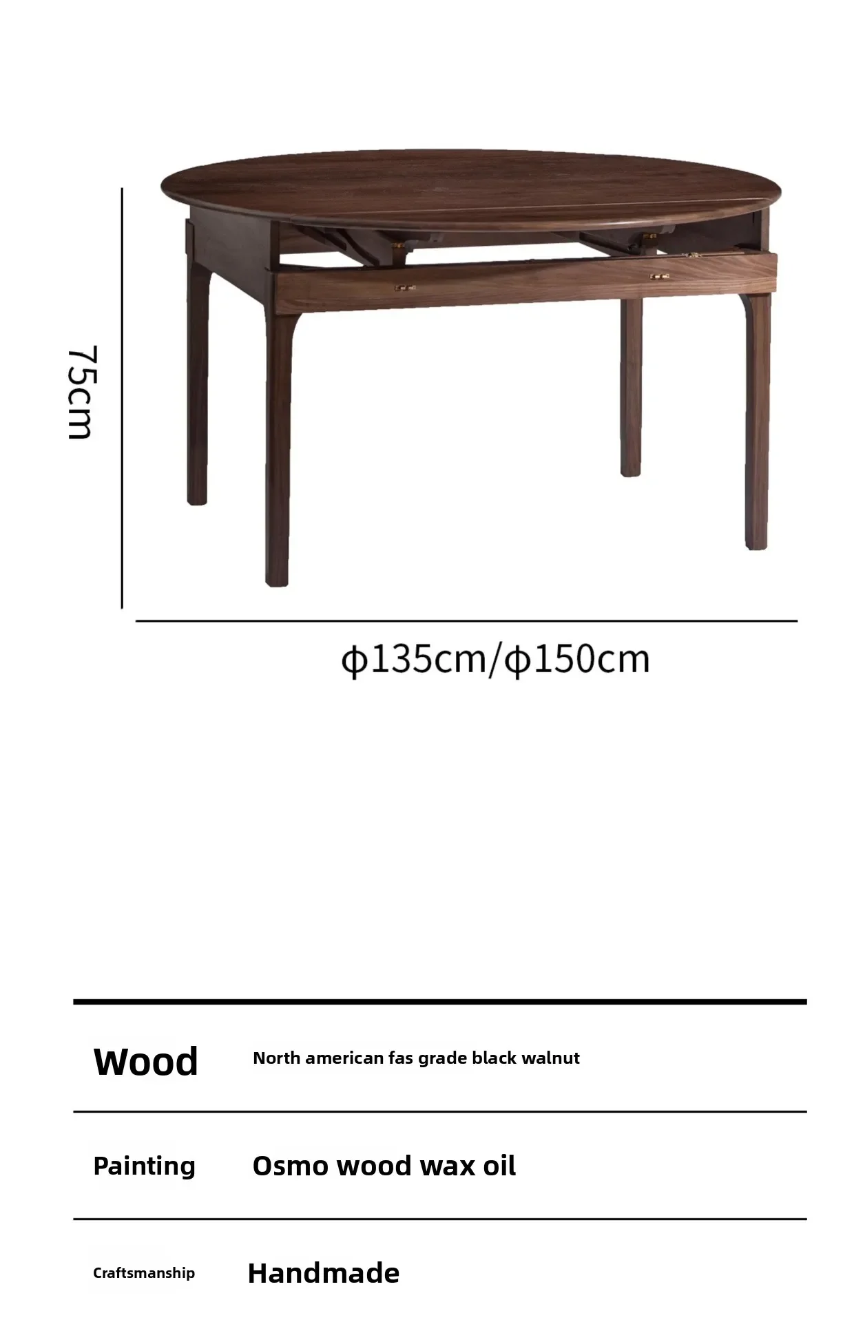 Solid wood folding dining table, black walnut small apartment, Nordic simple dining table for home use, retractable round table