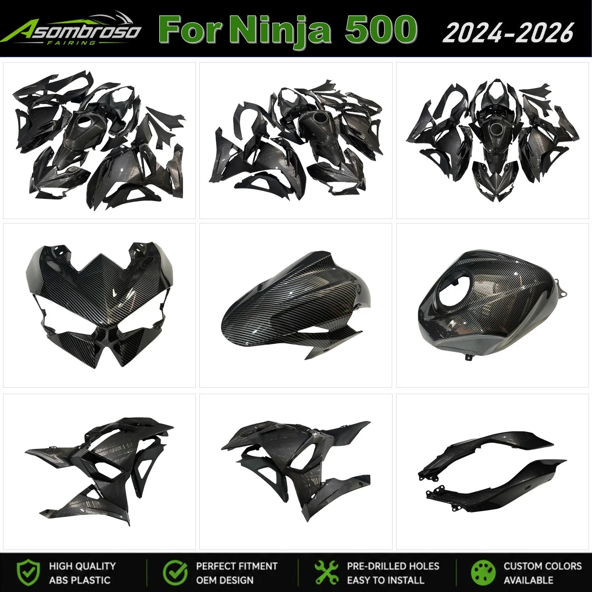 Motorcycle Bodywork Fairing Kit for Ninja500 2024-2026 Carbon Look Fairings Ninja 500 EX500 24 25 26 ABS Plastic Cover Accessory
