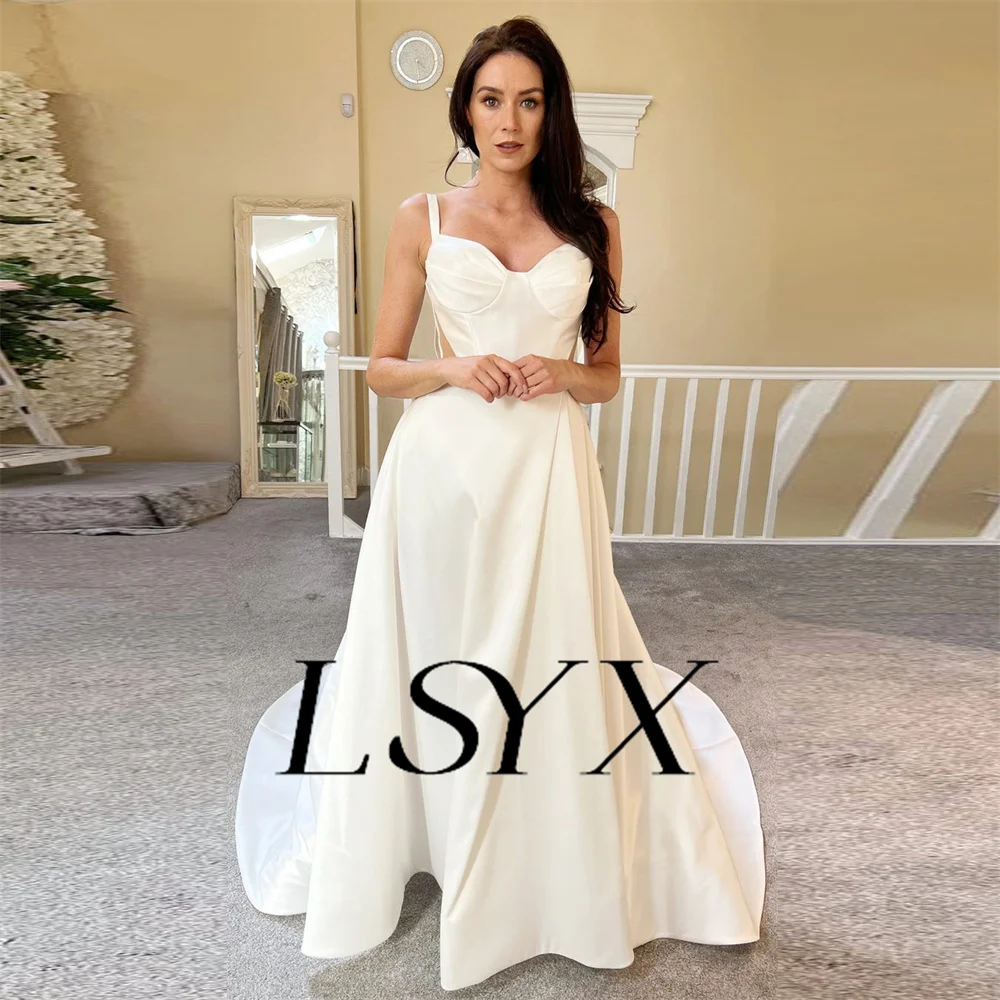 Lsyx Illusion V-Ausschnitt ärmellose Satin A-Linie Brautkleid einfache hohe Seite Schlitz Reiß verschluss zurück Gericht Zug Brautkleid nach Maß