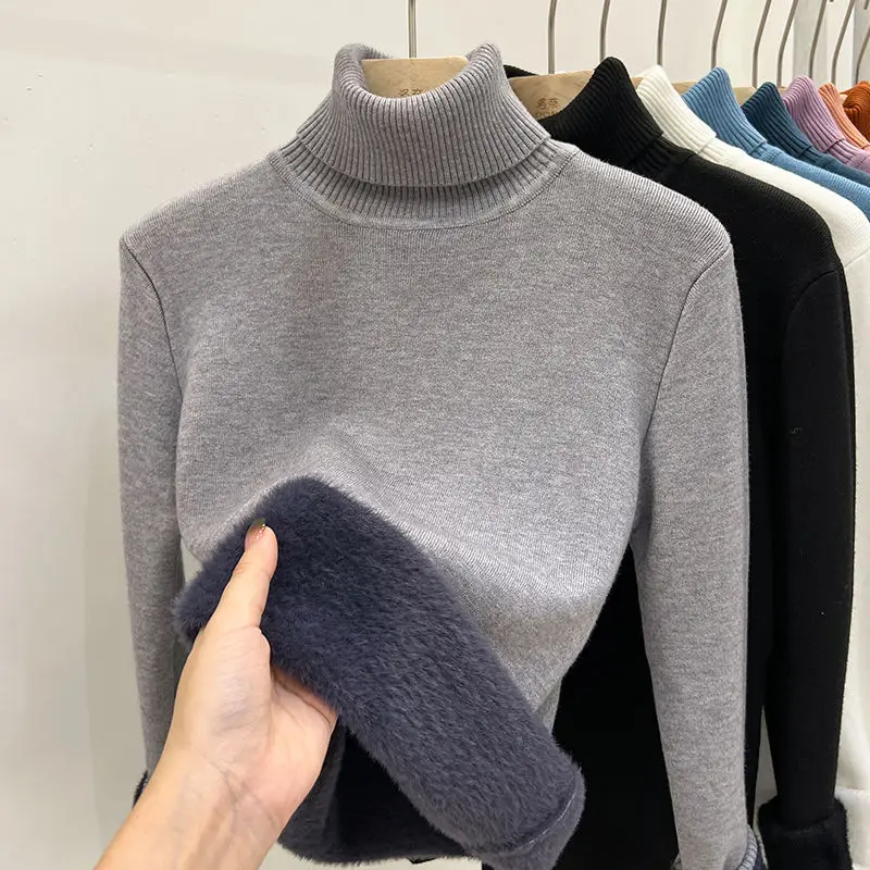 High Necked Sweater for Women with Plush and Thickened 2023 Autumn and Winter New Age Reducing Base Sweater Warm Knit Top