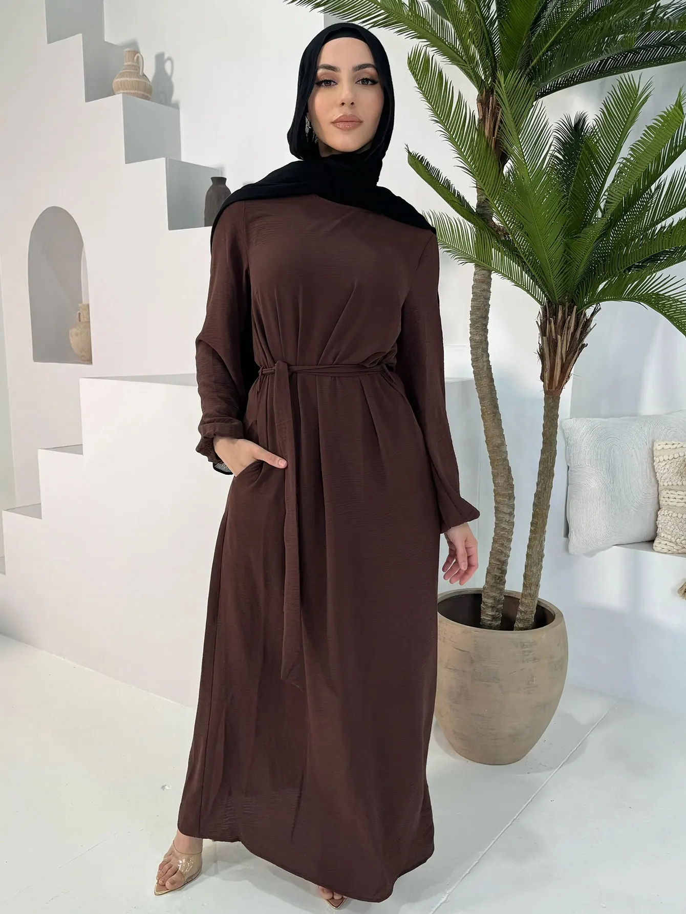 2025 Elegant Coffee Color Abaya Women Clothing Modest Dress Dubai Kaftan Islam Robe Marocain Femmes Musulmane with Belted Design