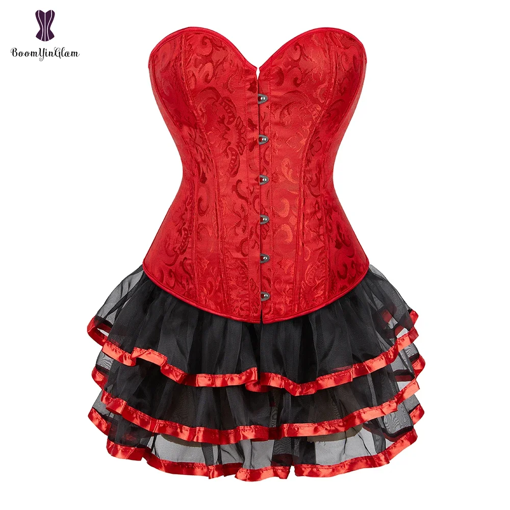 Vintage Corset Dress Overbust Bustier Top With Layered Mesh Skirt Clubwear Retro Costume