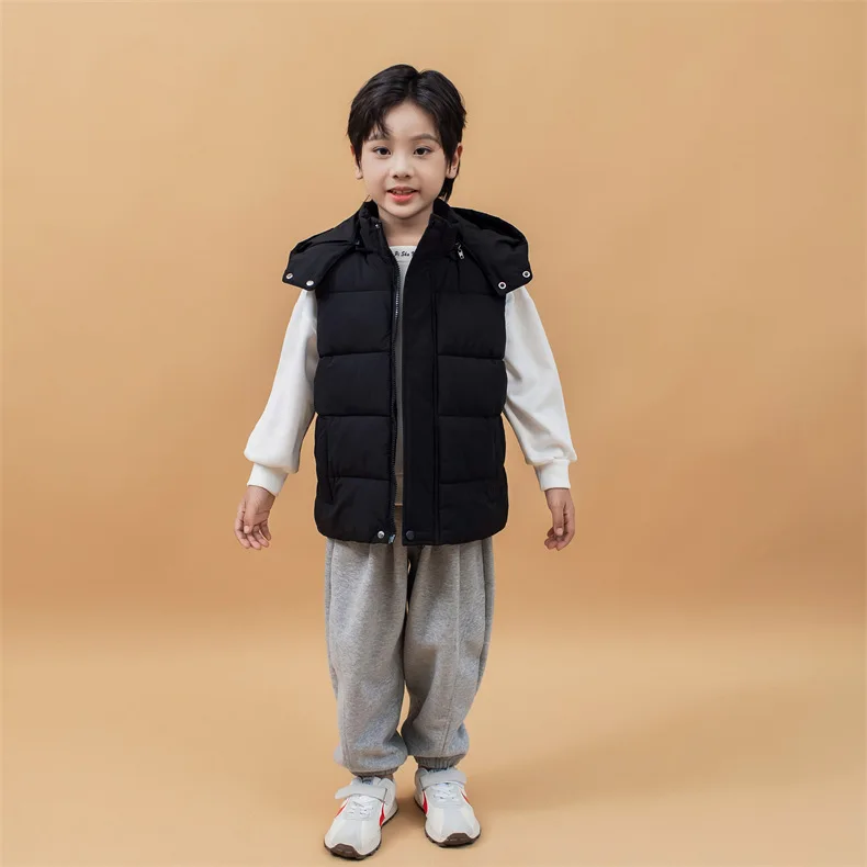 

Kids' Black Hooded Padded Vest Casual Sleeveless Jacket Suitable For Boys And Girls Warm Winte Children's Fashion Outerwear