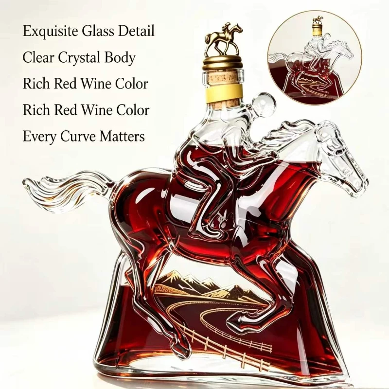 Unique Equestrian Design Glass Decanter, Clear Liquor Wine Bottle for Home Bar Display & Gift Giving