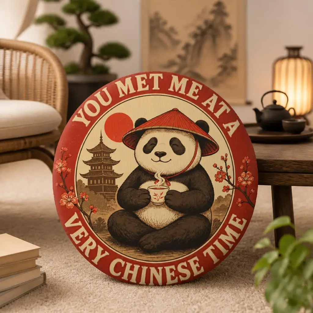 Cute Panda Tea Throw Pillow You Met Me At A Very Chinese Time Round Shaped Stuffed Cushion Sofa Living Room Home Decor Gift