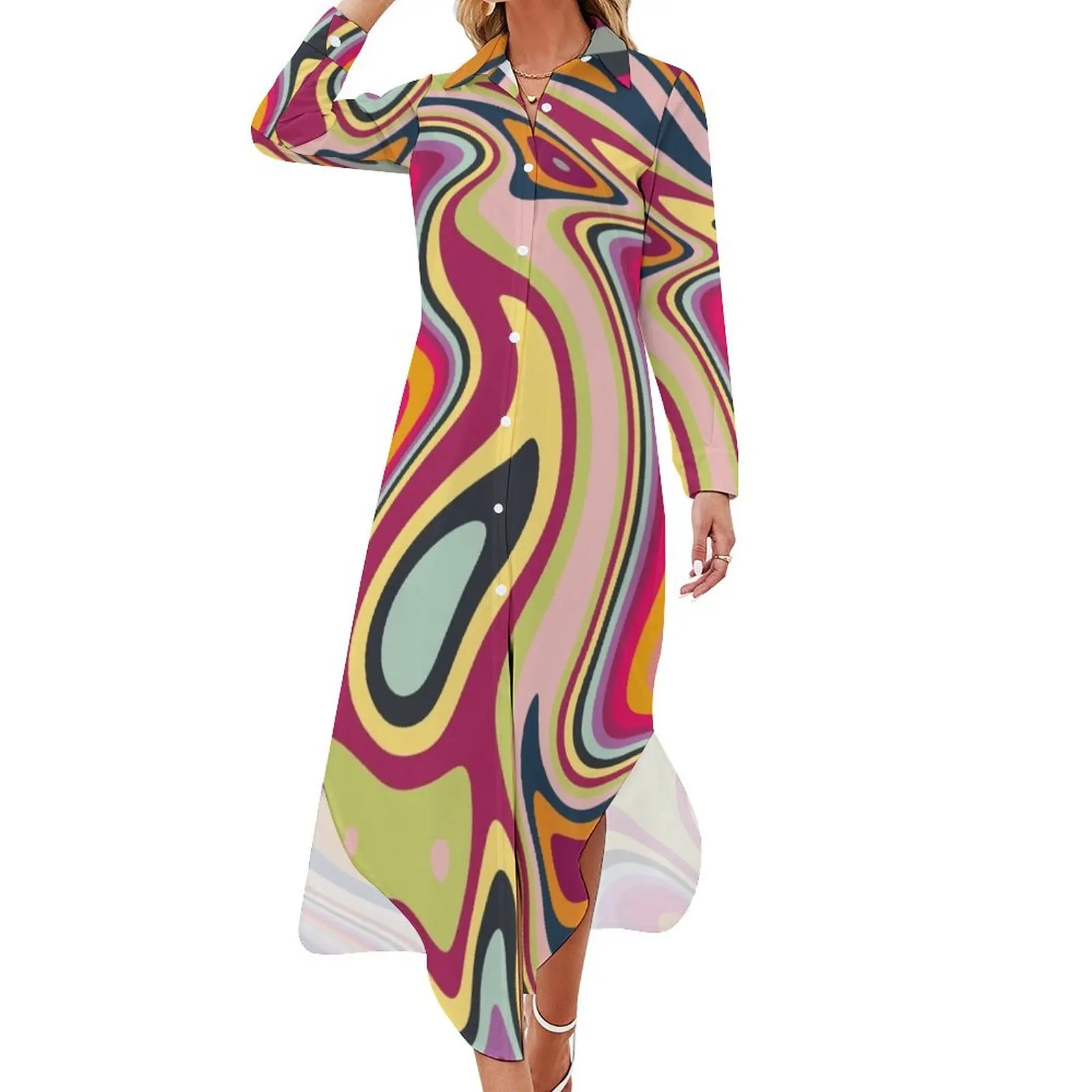 

70s Retro Abstract Liquid Swirl Pattern Long Sleeved Shirt Dress prom dresses summer clothes ladies dresses for special occasion