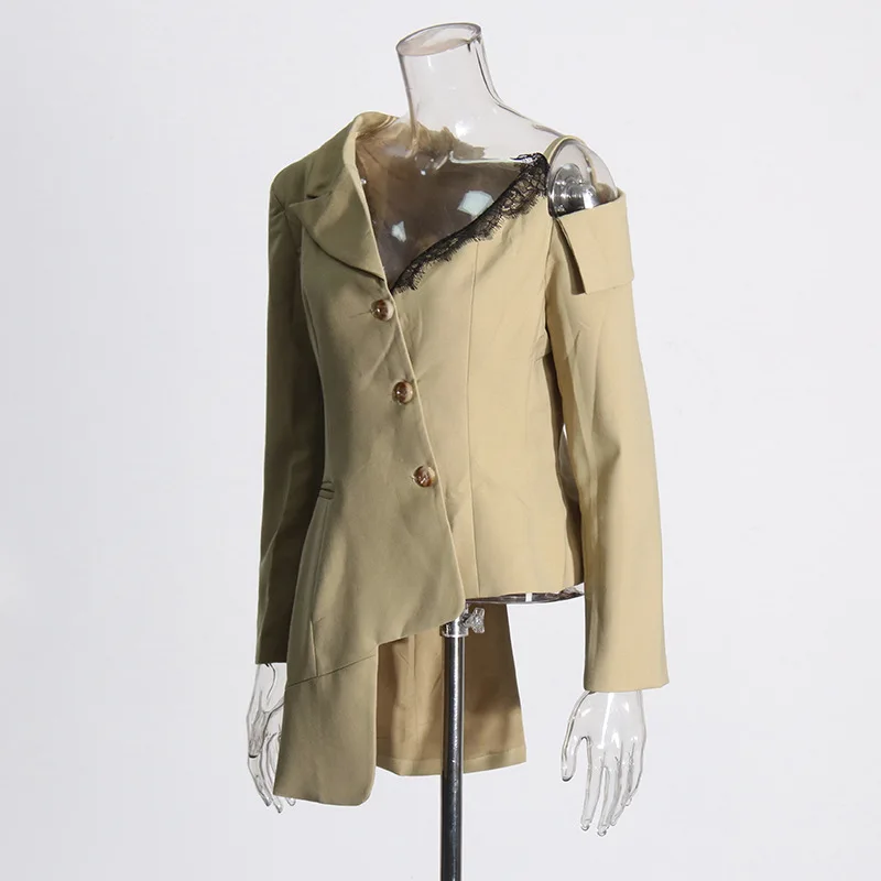 Europese en Amerikaanse lichte en volwassen stijl onregelmatig kanten splitspak 2025, zomer nieuw temperament off-the-shoulder ontwerp bl