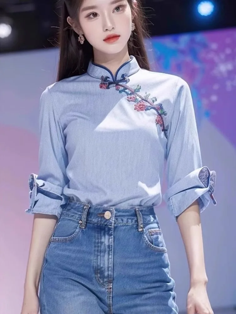 

Ele Korean Sle Long Sve Embroidered irt Chiffon Stand Collar Slimming Faionable Spring Commute Straight Cut Top