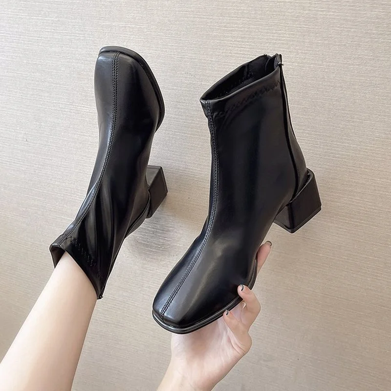 2022 Autumn Women Botines Woman Casual Mid Heels Ankle Booties Zipper Fashion Square Toe Short botas femininas women boots