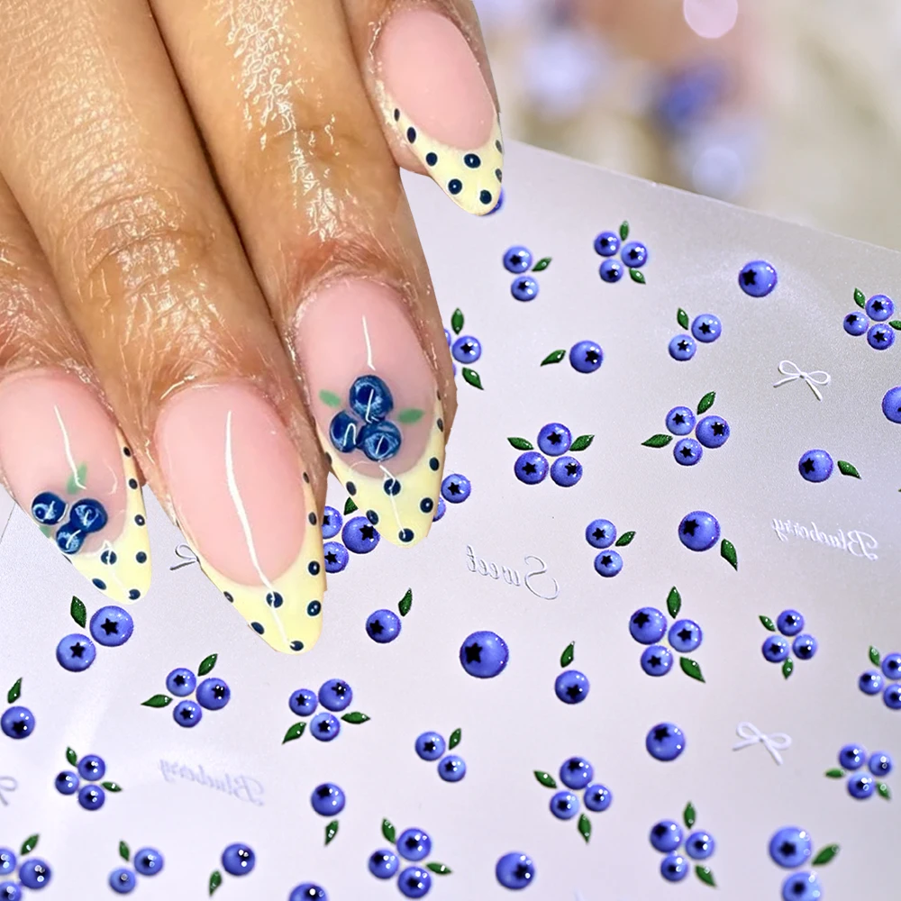 1/2pcs 5D Blueberry French Nail Art Stickers Three Blueberries Cute Summer Adhesive Nail Decals Realistic Fruit Nail Stickers