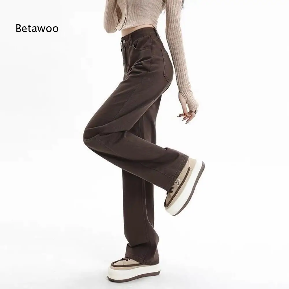 Women's Brown High Waist Wide Leg Jeans Casual Straight Leg Denim Pants
