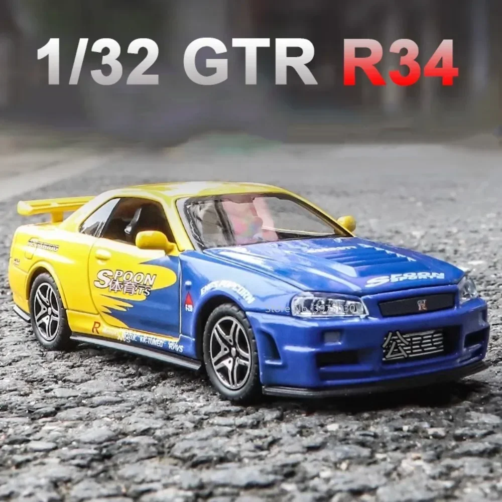 

1:32 литой под давлением сплава Nissan GTR R34, игрушки, миниатюрная модель автомобиля со звуковым светом, суперкар, 4-дверный открытый автомобиль, подарки на день рождения для мальчиков