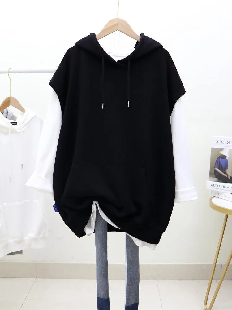 Spring Summer New Women\'s Hoodies Sweatshirt Sleeveless Drawstring Pullover Vest with Pockets Classic Color Large Size Shirt