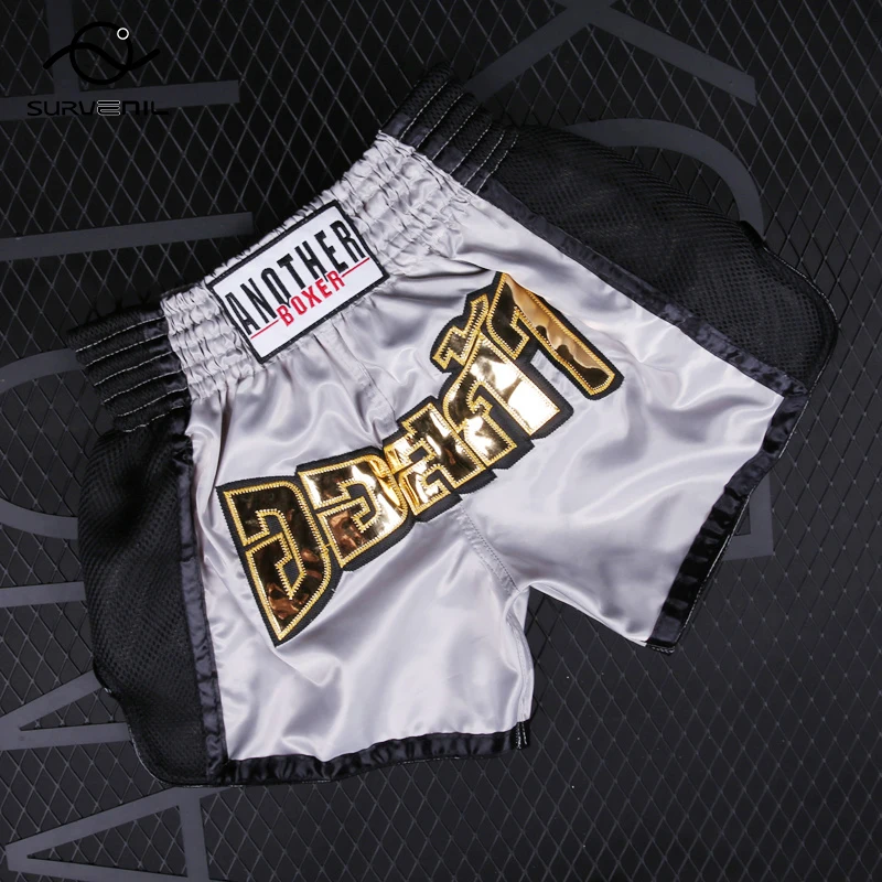 Short Muay Thai Gray Boxing Shorts Men Women Child Breathable Satin Fight Grappling Kickboxing Pants Martial Arts MMA Clothing