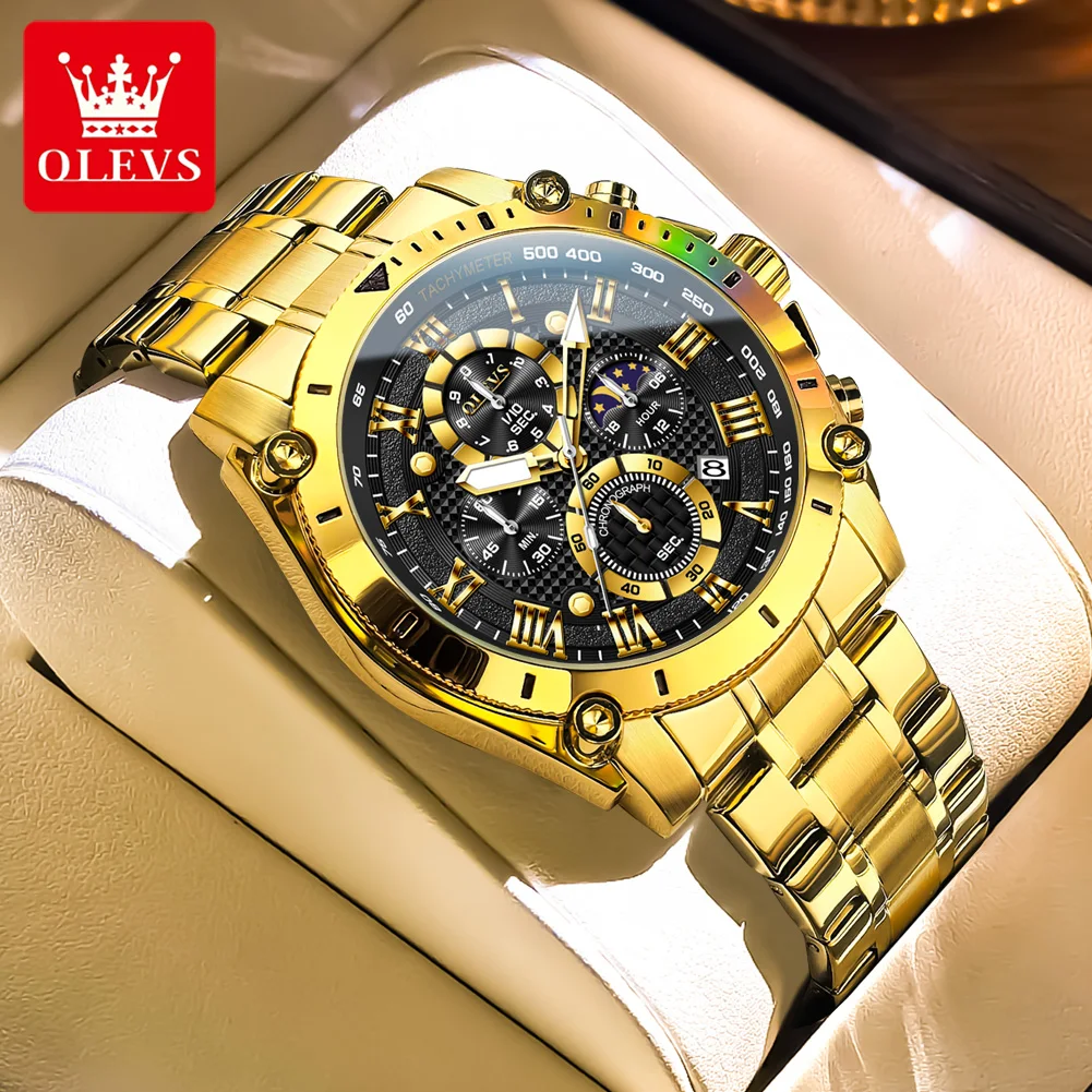 

OLEVS 3689 Мужские часы Модные многофункциональные хронографы Золотые спортивные кварцевые мужские часы из нержавеющей стали НОВЫЕ часы