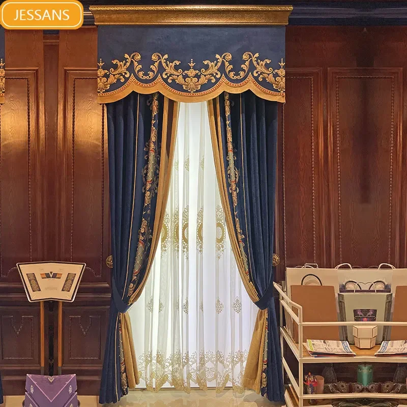 

New Blue Chenille Jacquard Splice Thickened Blackout Curtains for Living Room Bedroom Villa Embroidered Yarn Customized Valance