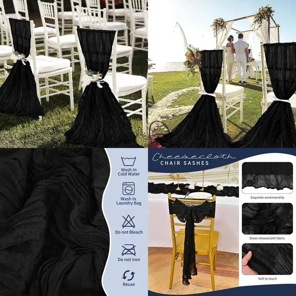 

50 Pack Black Cheesecloth Chair Sashes with Bows, 15.7 x 108 Aisle Decorations for Weddings, Parties, and Banquets