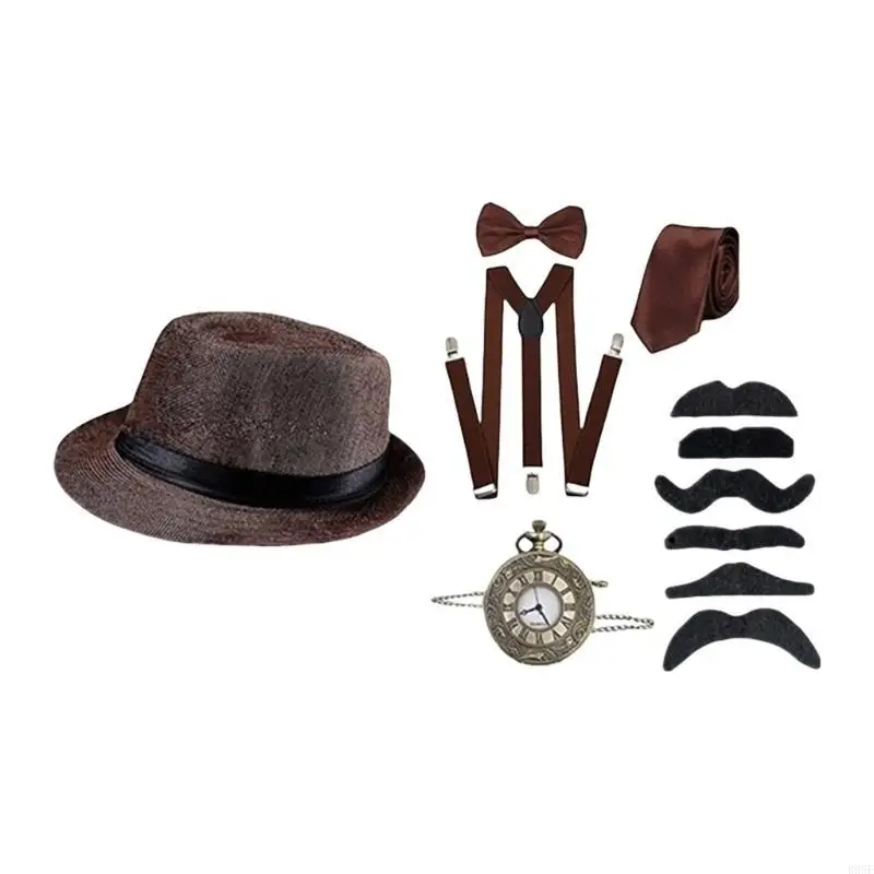 أزياء رجالي B95F 1920s، مجموعة إكسسوارات أزياء طافوا 20s الحمالات وقبعة وساعة جيب وربطة عنق ومجموعة لحية #1