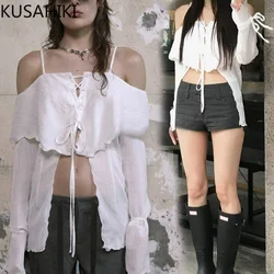 KUSAHIKI Sexy Strap Off Shoulder Pleats Lace Ties Shirts Korean Spicy Girl Design Y2k Tops for Women 2024 New Blouses