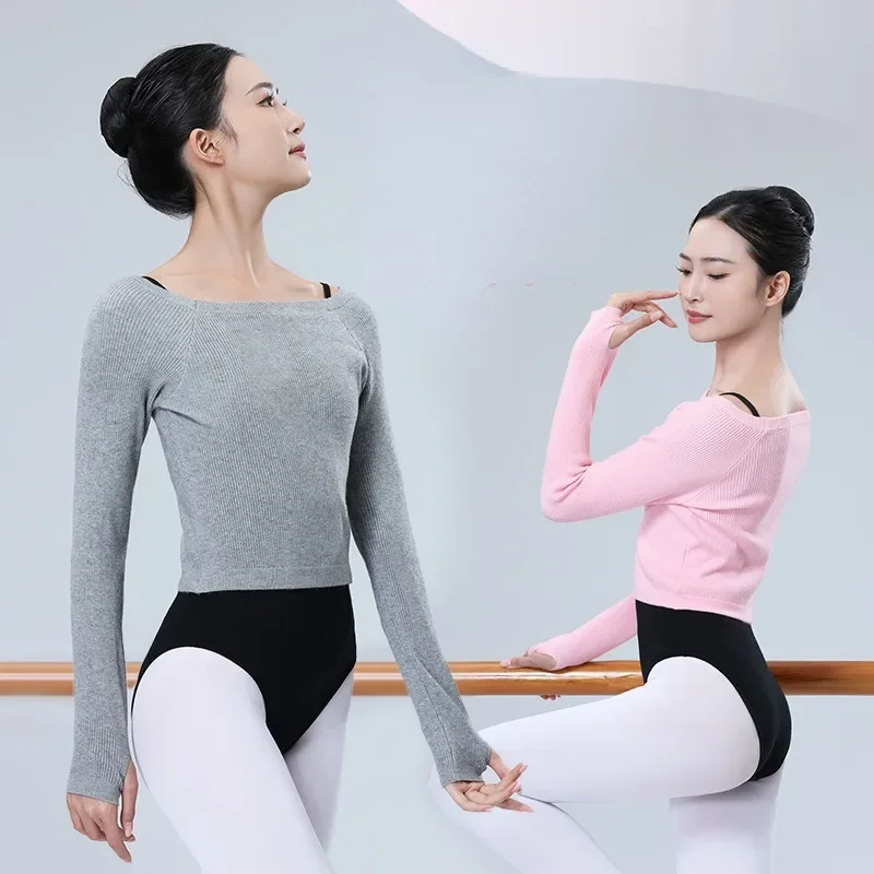 Ropa de entrenamiento de baile de Ballet para mujer, suéter de otoño e invierno con un solo hombro, jersey de manga larga para danza moderna para adultos, Tops cálidos