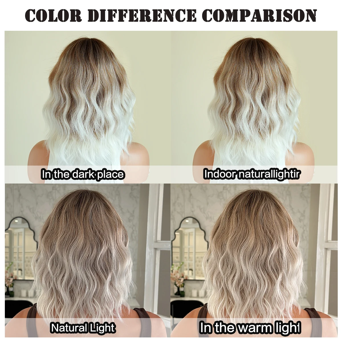 7JHH WIGS Short Water Wave Brown Ombre White Wig for Women Synthetic Modest Fashion Middle Part Brown Bob Wigs with Dark Roots - view 6