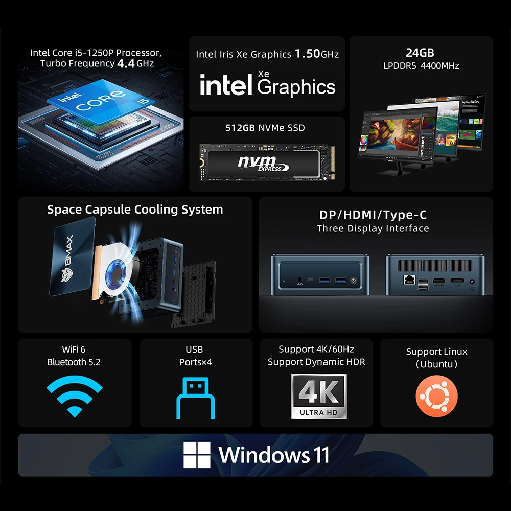 Mini PC BMAX B9 Plus |   i5-1250P (12C/16T) |   24 GB+512 GB |   Win11 Pro |   Display triplo 4K |   WiFi 6 |   BT 5.2 |   Thunderbolt 4