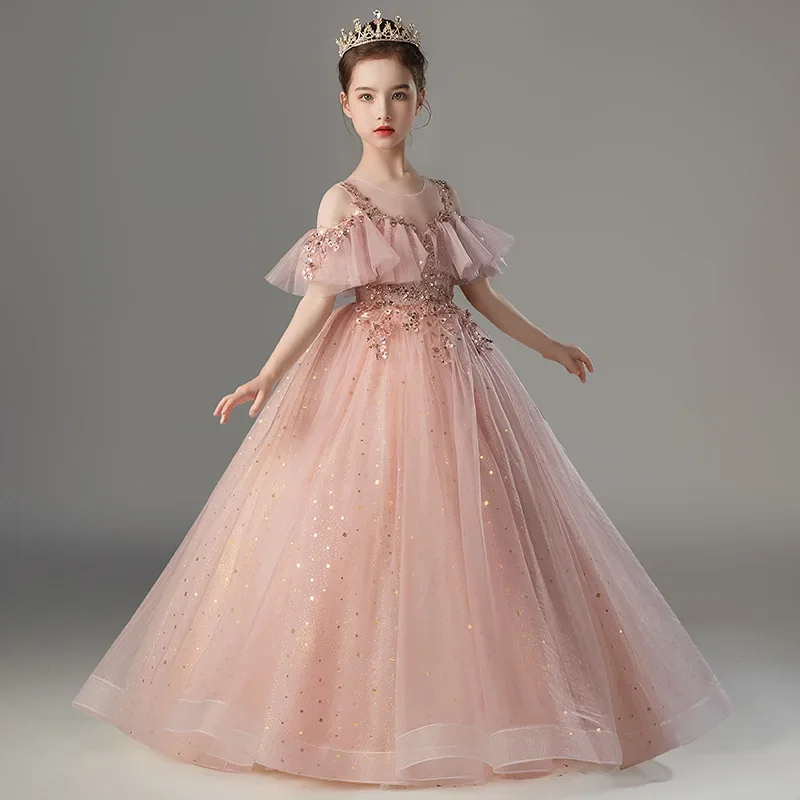 Paillettes rugiada spalla bambini abiti per la festa abito da sposa bambini abito da spettacolo bambino Tulle principessa vestito per ragazze