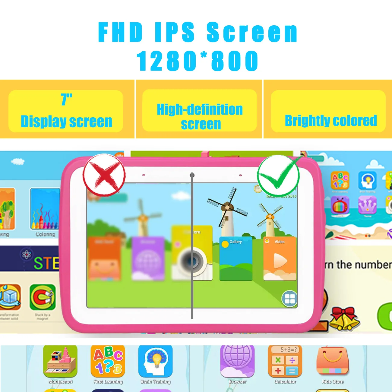 新しい 7 インチタブレットデュアルカメラ子供保護、Android 12 用タブレット、IPS18280*800、クリスマスと誕生日の子供向けギフト