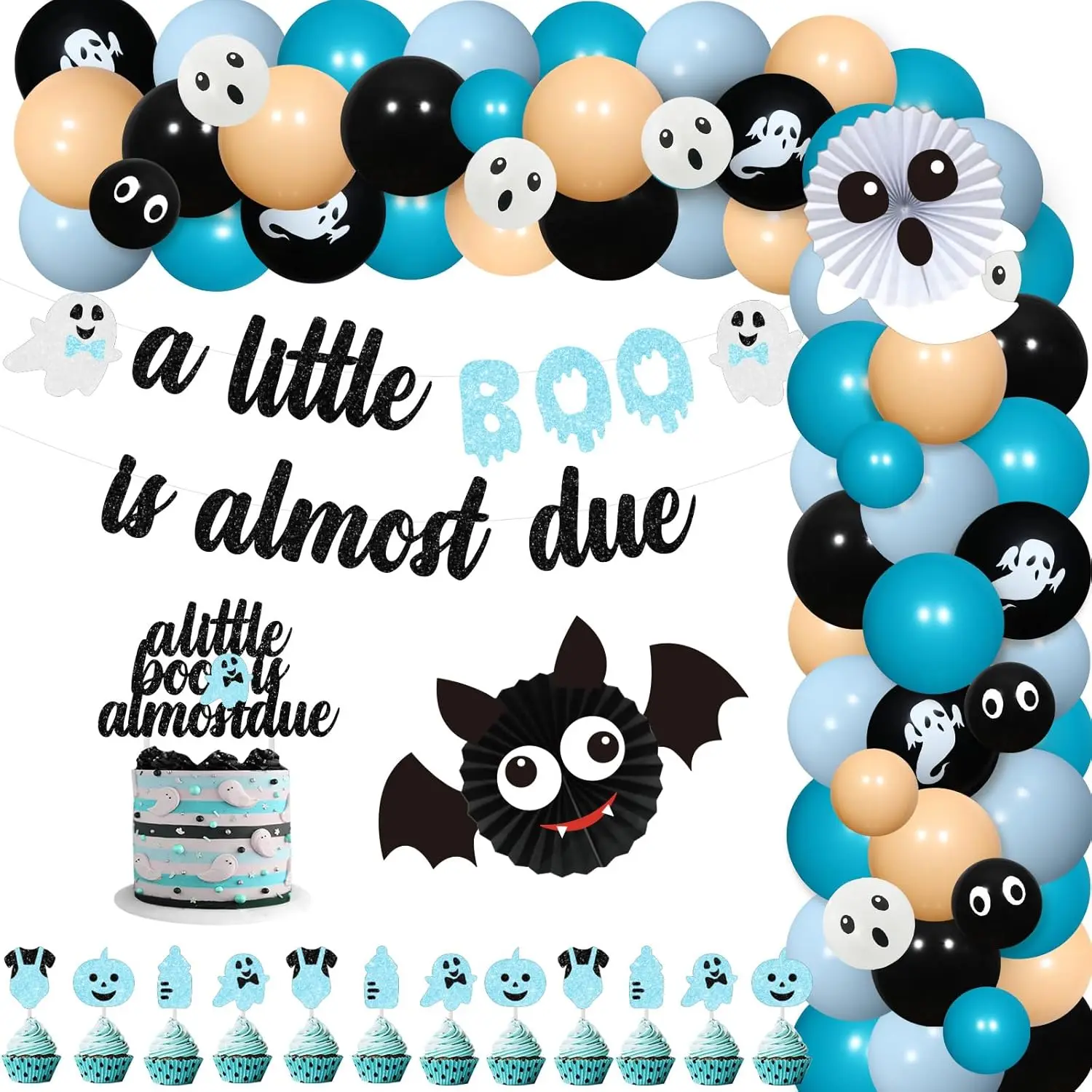 

cheereveal A Little Boo Is Almost Due Baby Shower Decorations for Boys Blue Black Halloween Balloon Garland Arch Party Supplies