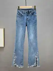 Fashion Beading Slit Flared Jeans Women Spring New High Waist Slim Diamond Denim Pants High-grade Elegant Cowgirl Trousers
