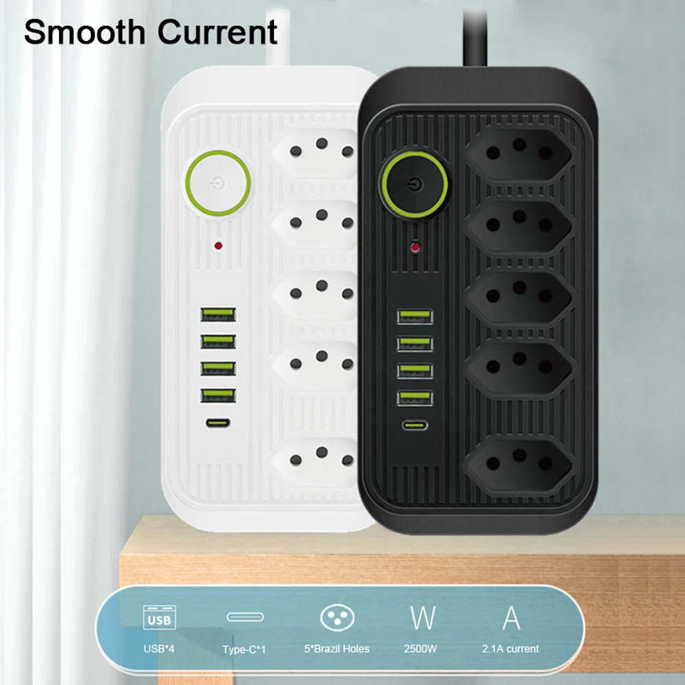 Brazil Plug Power Strip With 5 Outlet 4 USB Ports ,2M Extension Cord Smart Home Surge Protector Socket Standard BR Plug Adapter