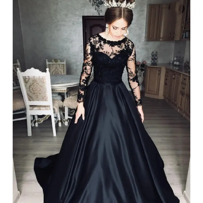 Black Gothic Prom Dress Evening Gown Illusion Neck Long Sleeve Lace Satin A-Line with Pockets for Formal Banquet Customized
