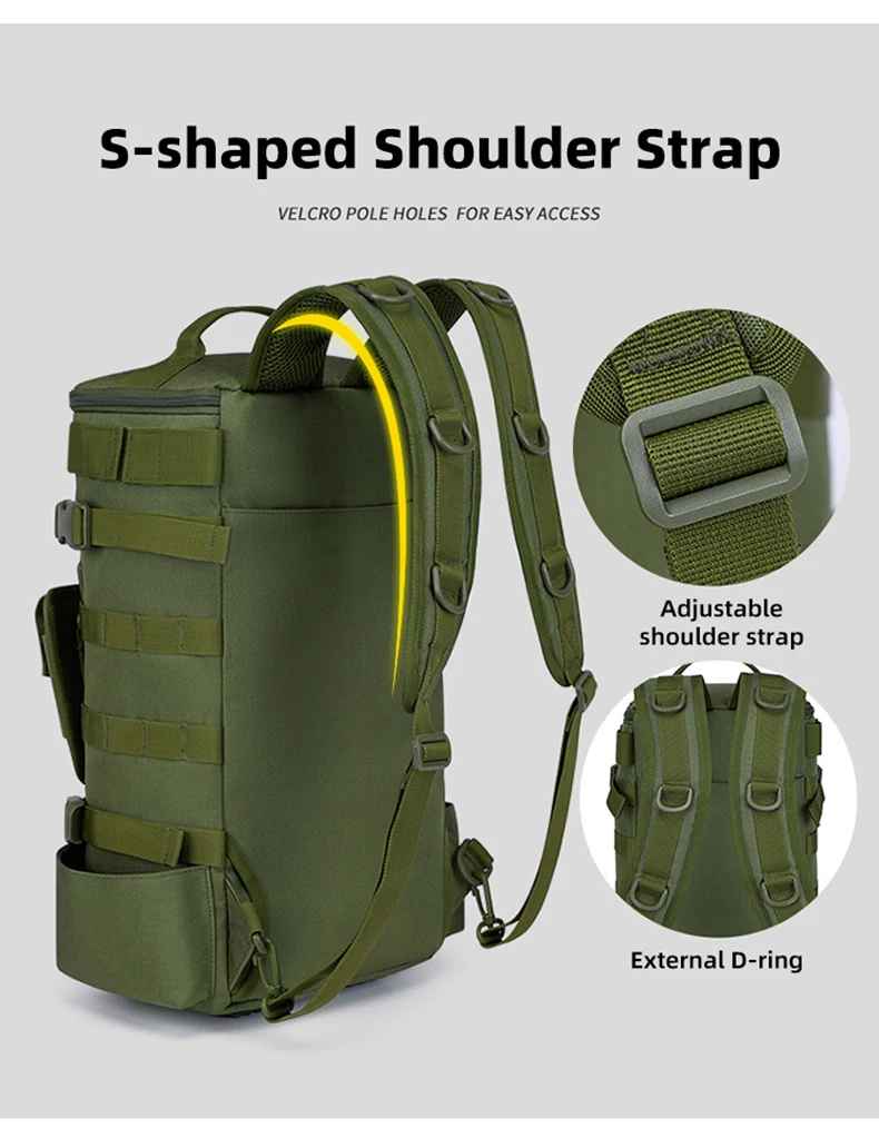 Taktischer Angelrucksack, Tackle-Tasche mit Rutenhaltern, Aufbewahrung von Fischgeräten, Molle, Camping, Wandern, Outdoor, multifunktionale Tasche – Detail 5