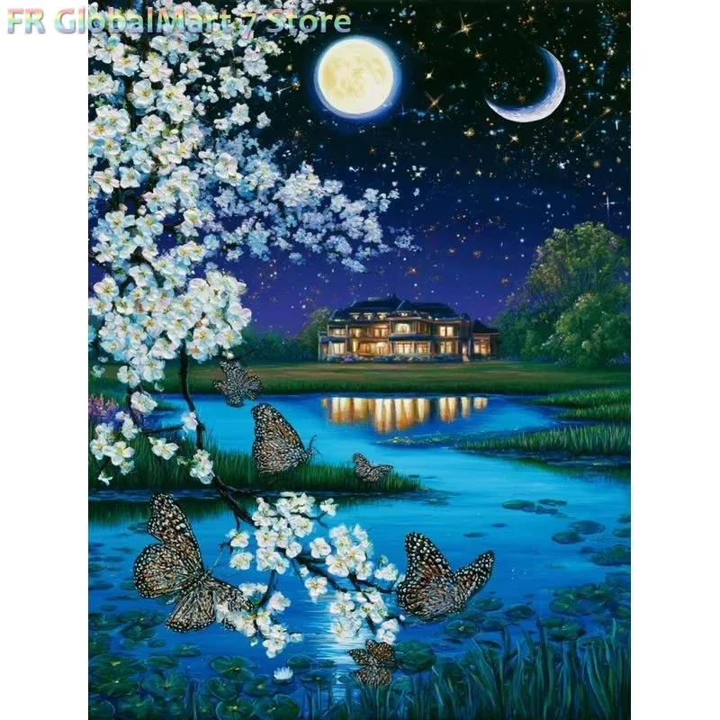 Diamond Painting DIY White Blossom Tree Butterfly Full Moon Villa Night Landscape Diamond Painting,Wall Art Picture For Living