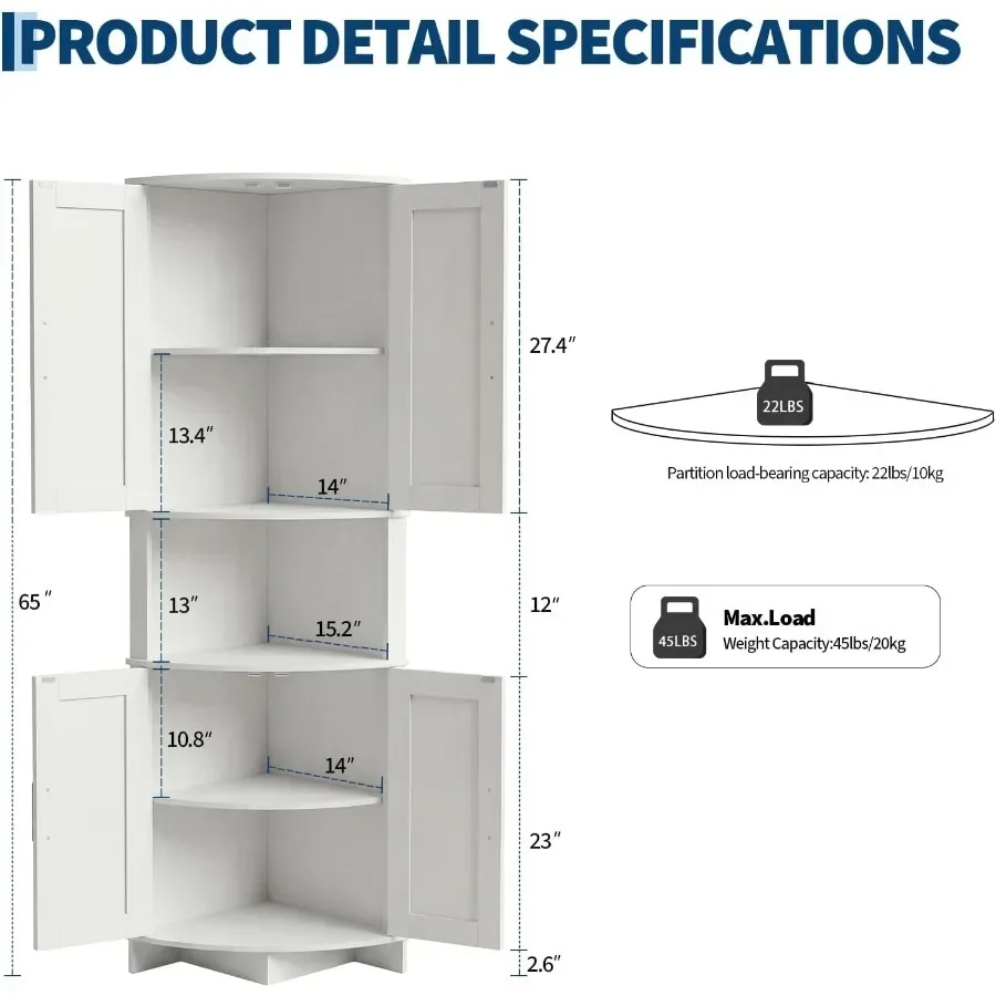 64.8 Tall Corner Cabinet with Doors for kitchen use, MDF material, white finish, soft-close hinges and adjustable shelves view 3