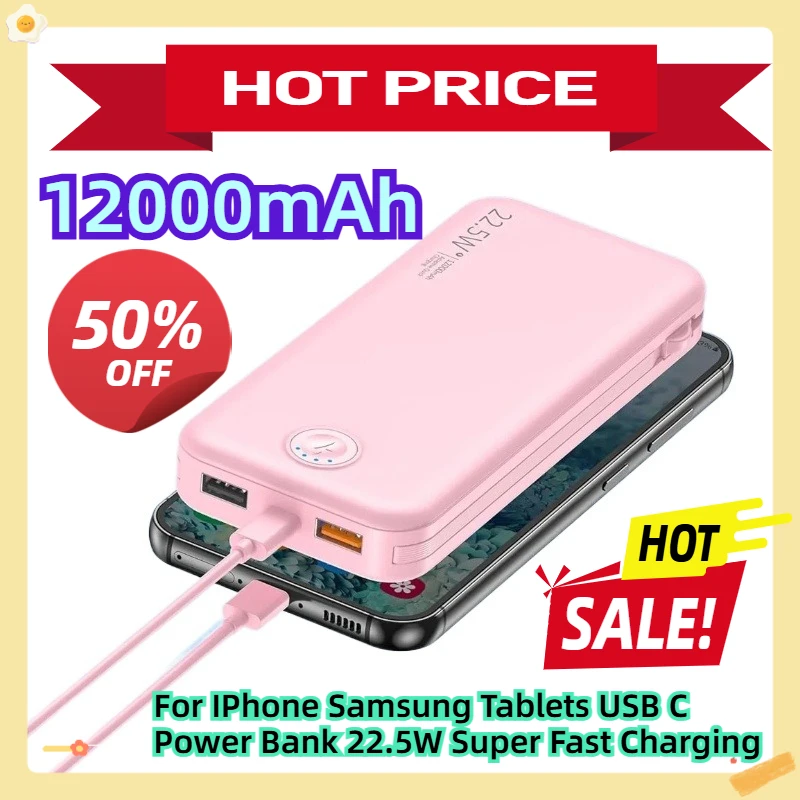 

For IPhone Samsung Tablets USB C Power Bank 12000mAh 22.5W Super Fast Charging