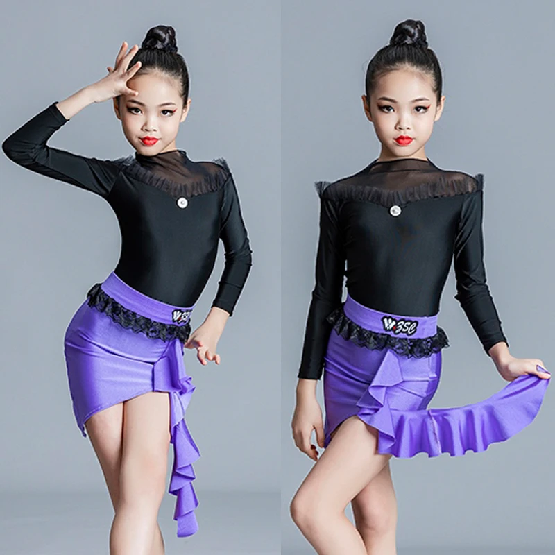 

2024 New Girls Latin Dance Competition Costume Children'S Samba Ballroom Dance Clothing Kids Black Top Ruffled Skirt XS8715