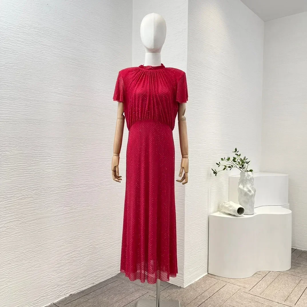 

Red Diamonds 2024 High Quality Spring Short Sleeve Pleats Elegant Waist Women Midi Dress