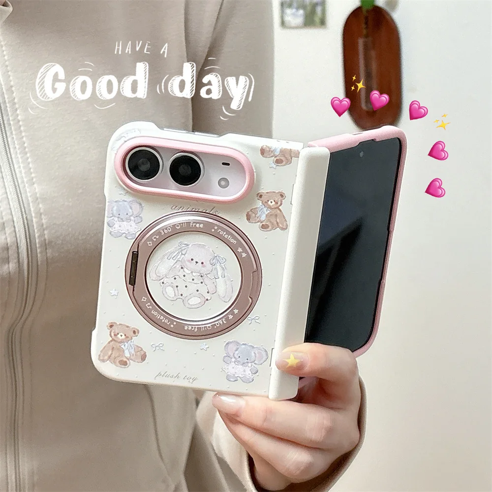 Cute Rabbit Bear Magnetic Phone Case For iPhone Duo 360°Rotatable Ring Stand Lovely Cartoon Shockproof Protective Phone Cover