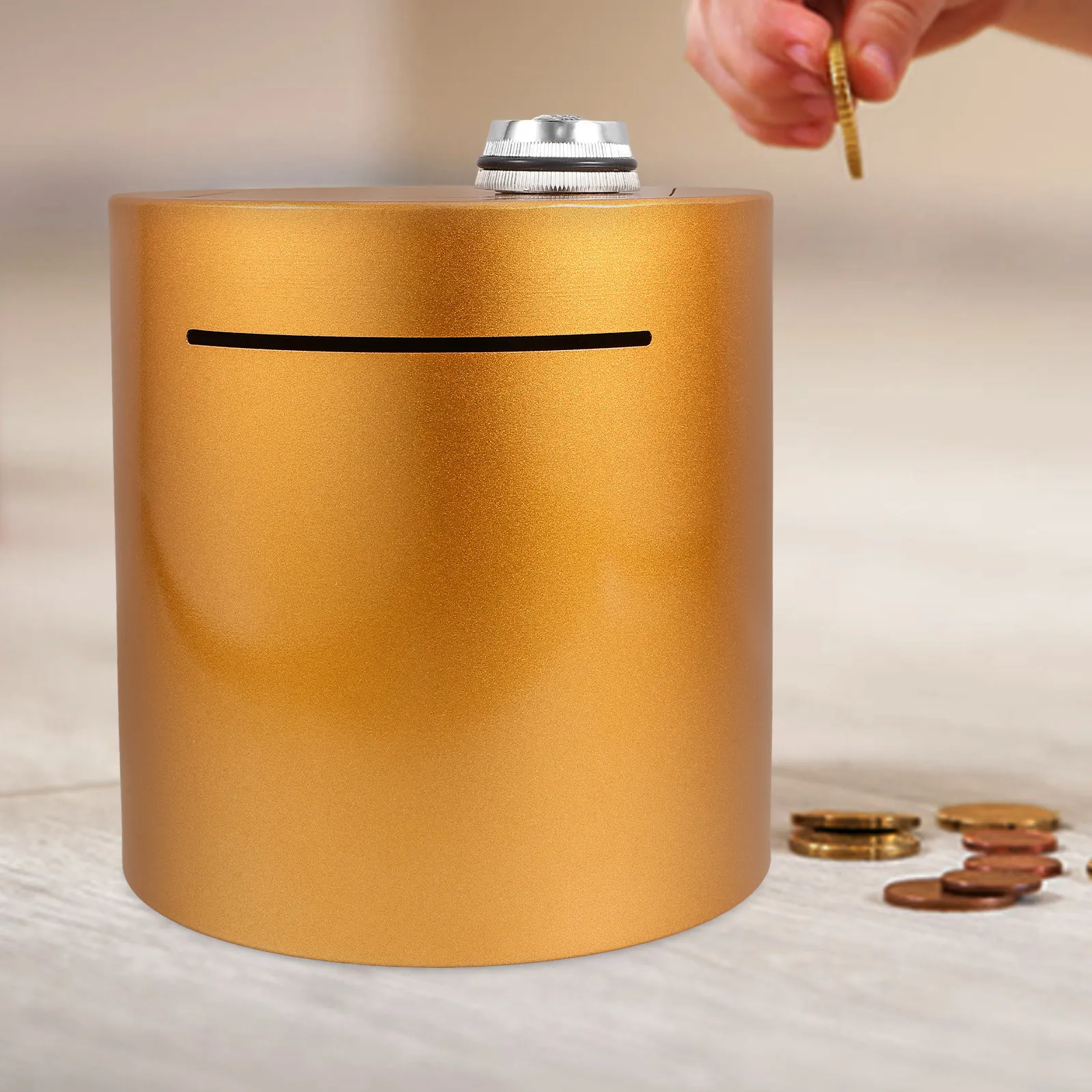 

Cylinder Metal Password Lock Piggy Bank Unbreakable Coin and Bill Savings Container for Adults Home Office Desktop Decorative