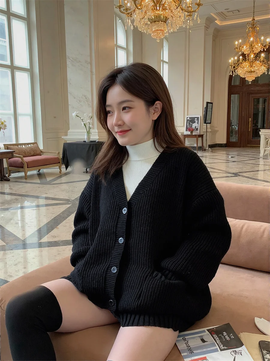 Kardigany 2025 Dekolt w serek Luźne Rozpinane Swetry Dzianinowe Bluzy Odzież Damska na Jesień Z Detalem z Żebrowanej Tkaniny Dzianiny z Przodu OL