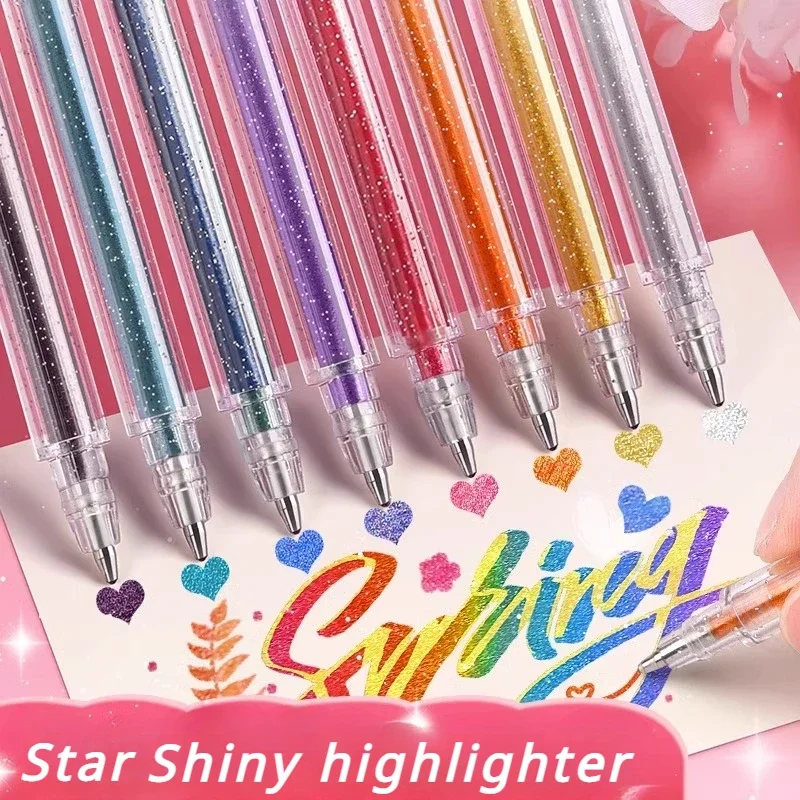 8/12 Colors Beautiful Shiny Color Starry Highlighters Girl Scrapbook Notebook Marker Glitter Drawing Pen Kawaii School Supplies