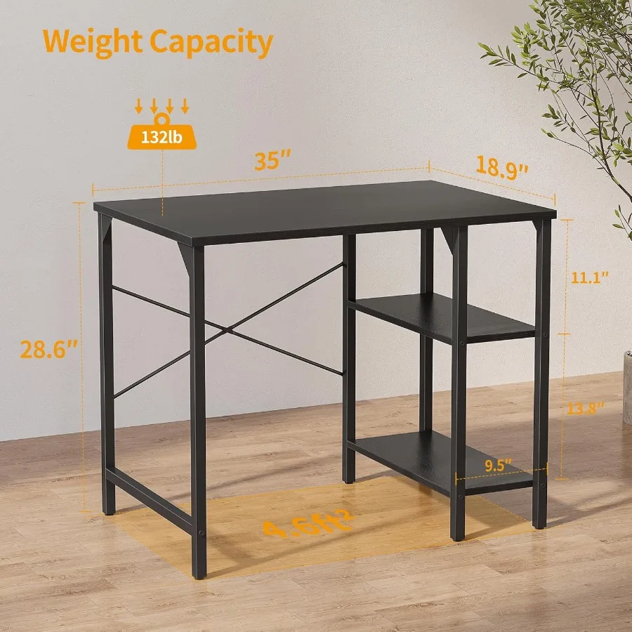 CubiCubi Mesa de computador pequena de 35 polegadas Mesa de escritório doméstico com prateleiras de armazenamento Mesa de estudo preta