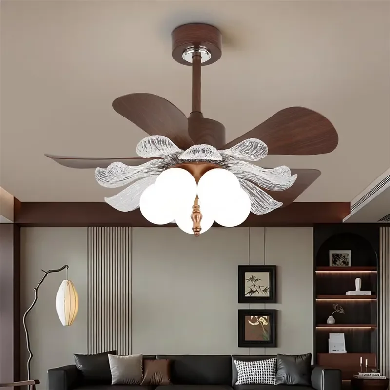 European Creative Elegant Acrylic Petal Decor 5 Heads Glass Lampshade Ceiling Fan with Light for Living Room Bedroom Villa